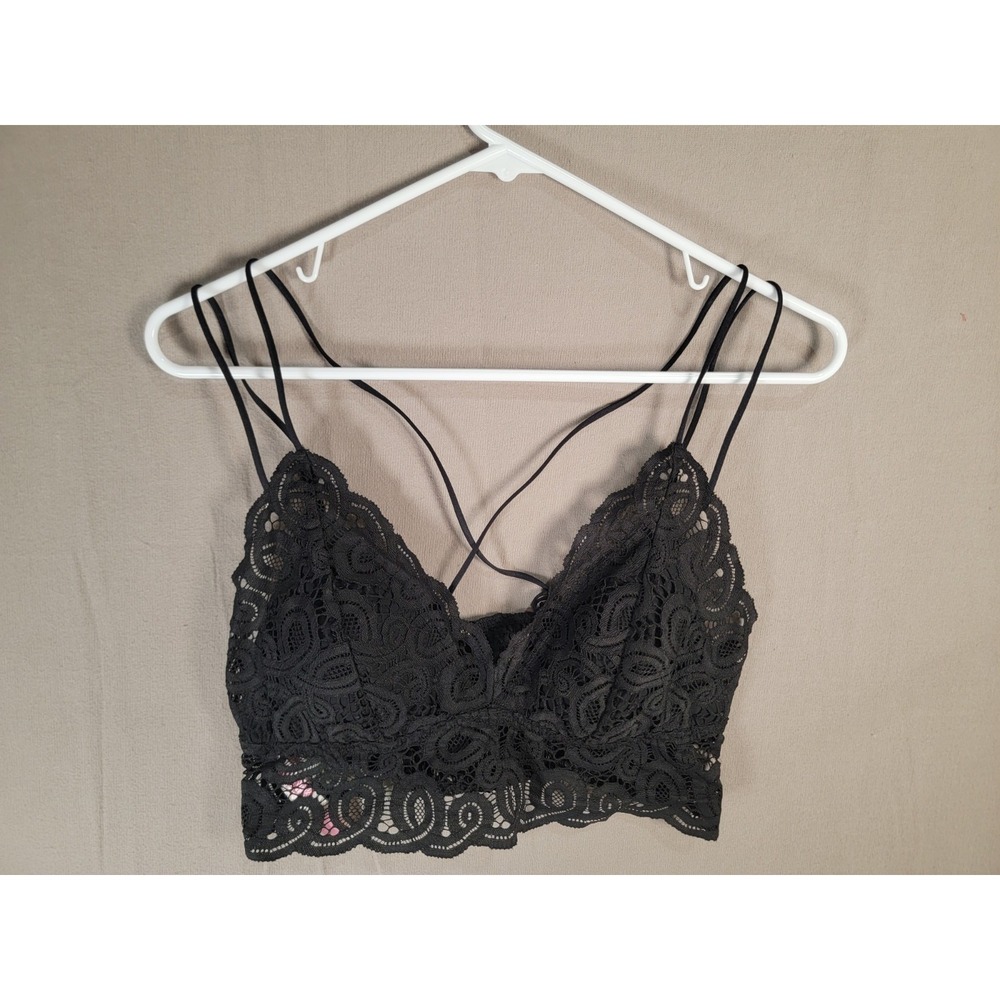 Victorias Secret PINK Bralette Large L Black Floral Lace Strappy Back Wireless